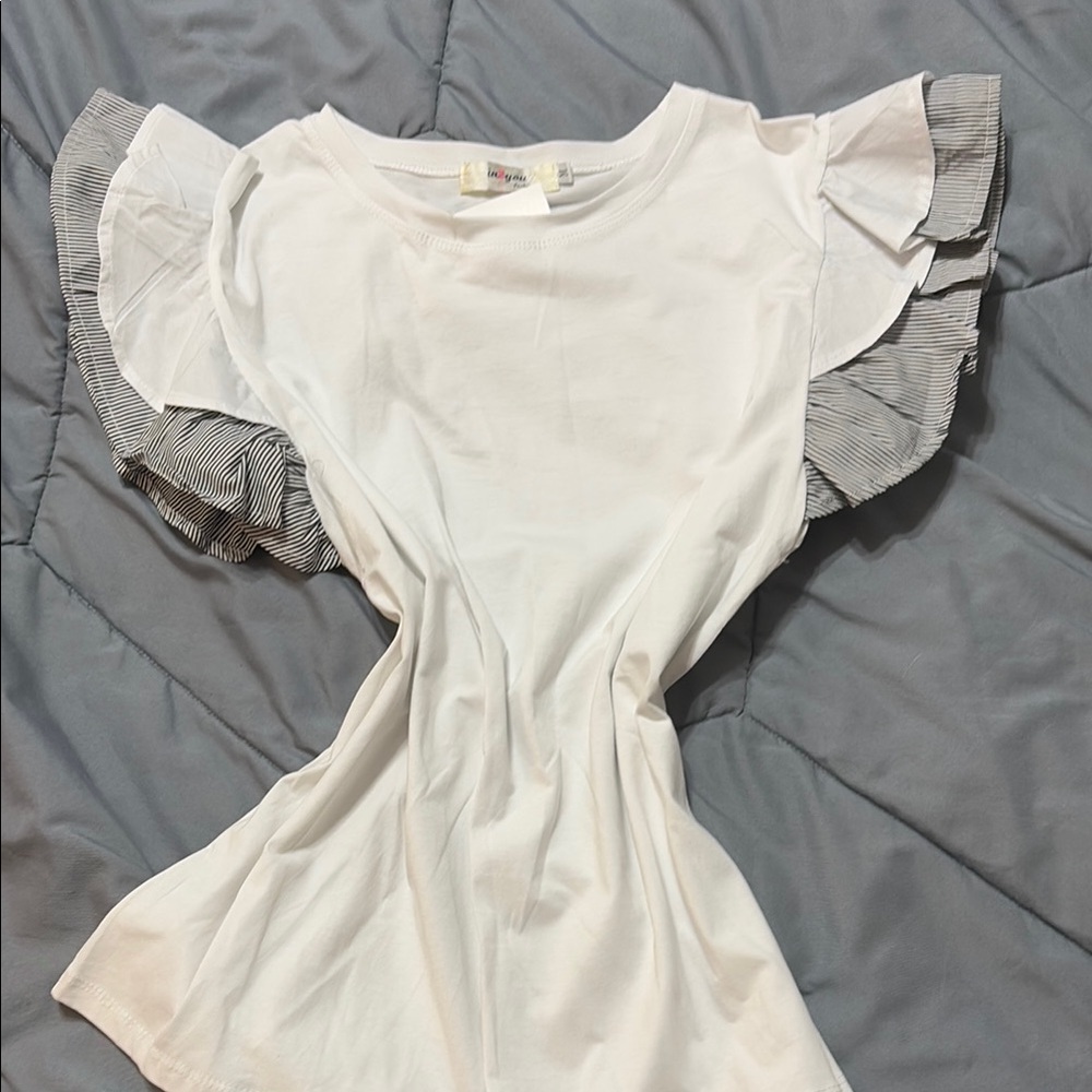 Chic White Top with Striped Ruffle Sleeves